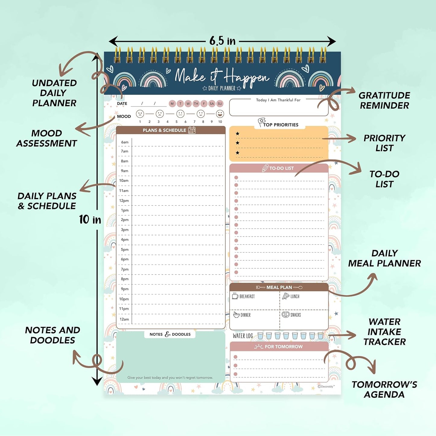 Decorably 52 Sheets Boho Celestial Undated Daily to Do List Notepad - 6.5x10" Spring-Bound Planner, Easy Tear-Off, for Schedule, Priorities, Agenda, Water Intake, Meals, Notes & Doodles - Home, Office