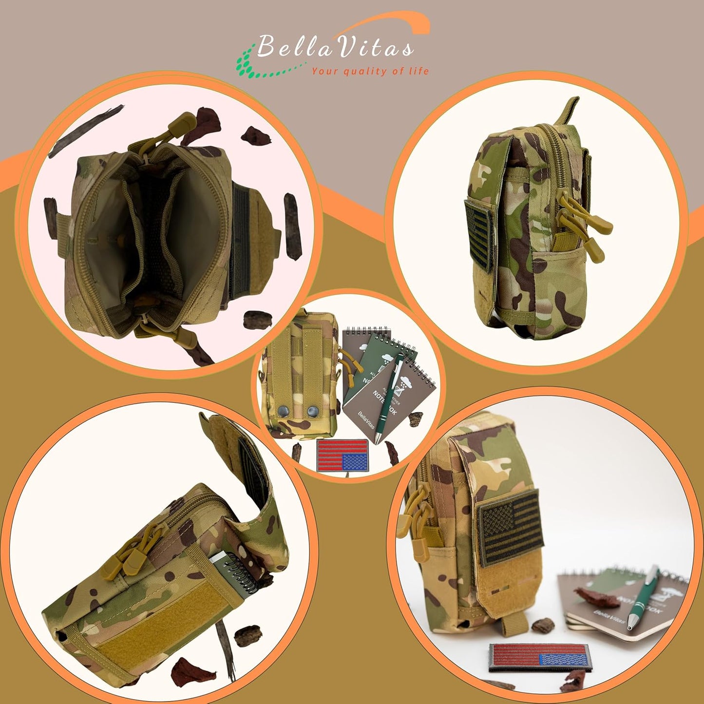 Tactical Molle Pouch Small Notebook Cover EDC Utility Bag Tool Pouch Gadget Organizer Military Waist Bag with US Flag Patch, 3”x5” Waterproof Notepad Pocket Notebook and Weatherproof Pen