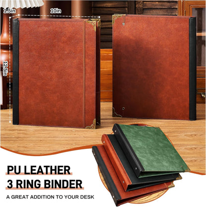Ovesmusl Leather 3 Ring Binder 1 Inch Round Ring Binder Fits 200 Sheets 8.5"x11" Letter Size Paper, Wedding Family History Notebook Cover Loose Leaf Organizer, Brown