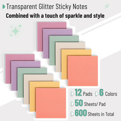 Mr. Pen- Transparent Glitter Sticky Notes, 3”x3”, 12 Pads, 600 Sheets, Colorful, Plastic Glitter Sticky Notes Bulk, Self-Stick Note Pads for Women, Office, School, Home, Study & Organization