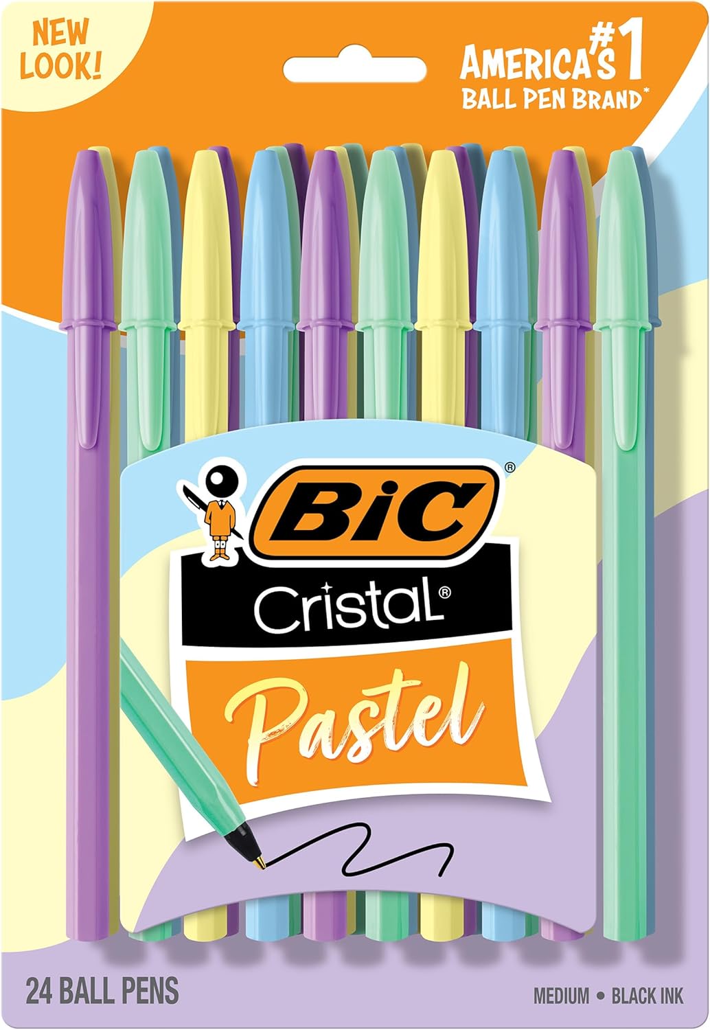 BIC Cristal Pastel Ballpoint Pens, Black Ink, Pastel Colored Barrels, Pens for Journaling, 24-Count Pack