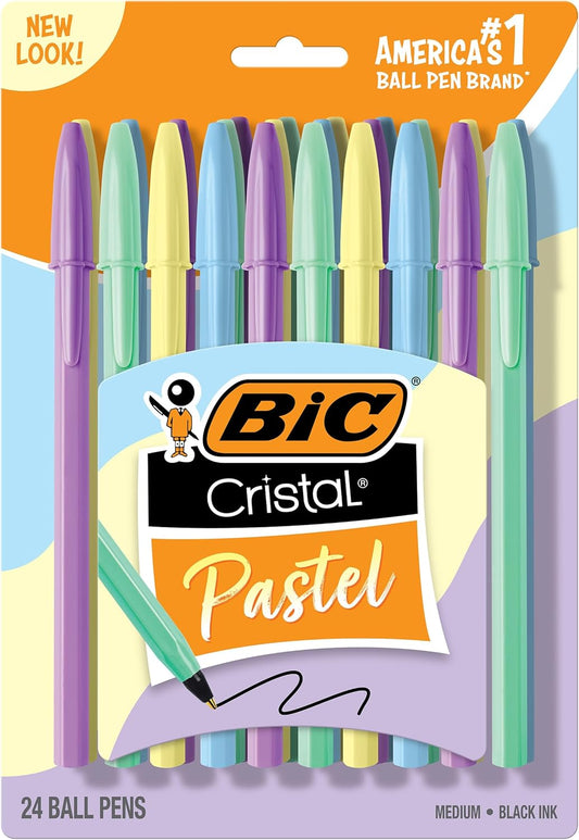 BIC Cristal Pastel Ballpoint Pens, Black Ink, Pastel Colored Barrels, Pens for Journaling, 24-Count Pack