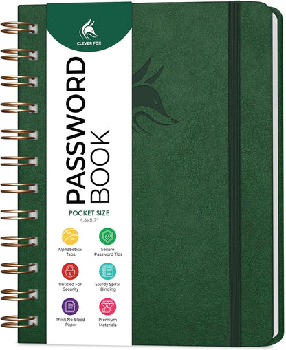 Clever Fox Password Book Spiral – Internet Address & Password Organizer with Laminated Alphabetical Tabs – Password Keeper Journal – Hardcover, Medium Size, 6.1x7.7” (Mystic Blue)