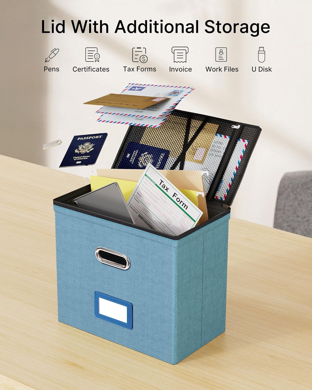 Oterri 2 Pack File Organizer Boxes with Lids, File Box with Mesh Pockets, Document Organizer Box for File Folders Letter Size, Zippers Filing Box for Home, Office, School (Green, Without Folders)