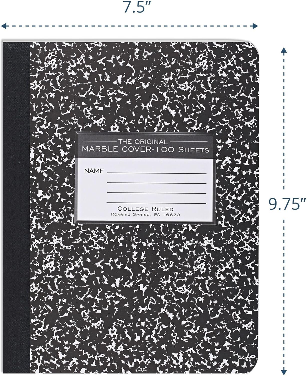 ROARING SPRING Hard Cover Composition Notebook, Black Marble Comp Book, 9.75″ x 7.5″, College-Ruled with Margin, 100 Sheets (200 Pages), Made in USA