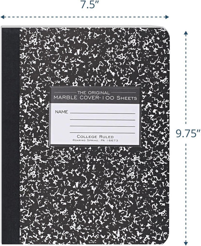 ROARING SPRING Hard Cover Composition Notebook, Black Marble Comp Book, 9.75″ x 7.5″, College-Ruled with Margin, 100 Sheets (200 Pages), Made in USA