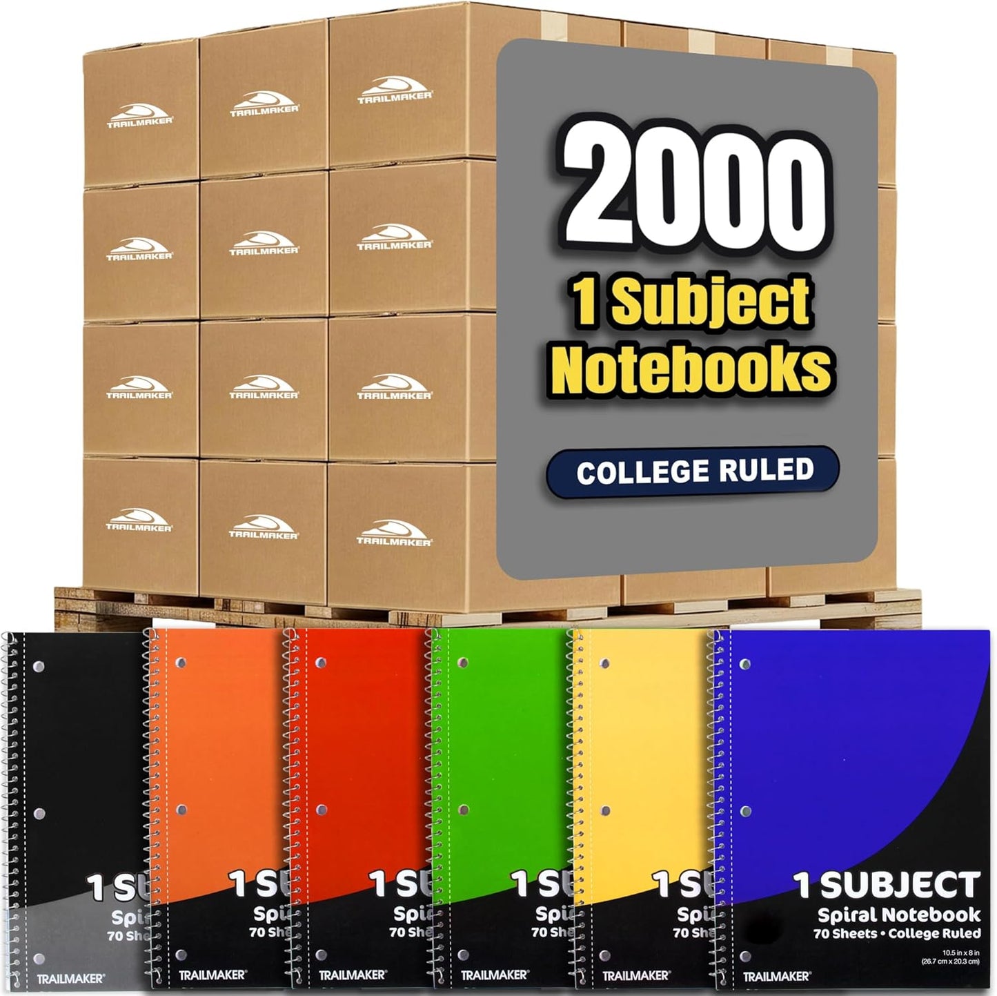 Trail maker Bulk Notebooks (50 Pack), One Subject Notebooks College Ruled, 140 Pages (70 Sheets),Spiral Bulk Notebooks for Kids, School Supplies, Journaling, Note Taking, Students, and Work