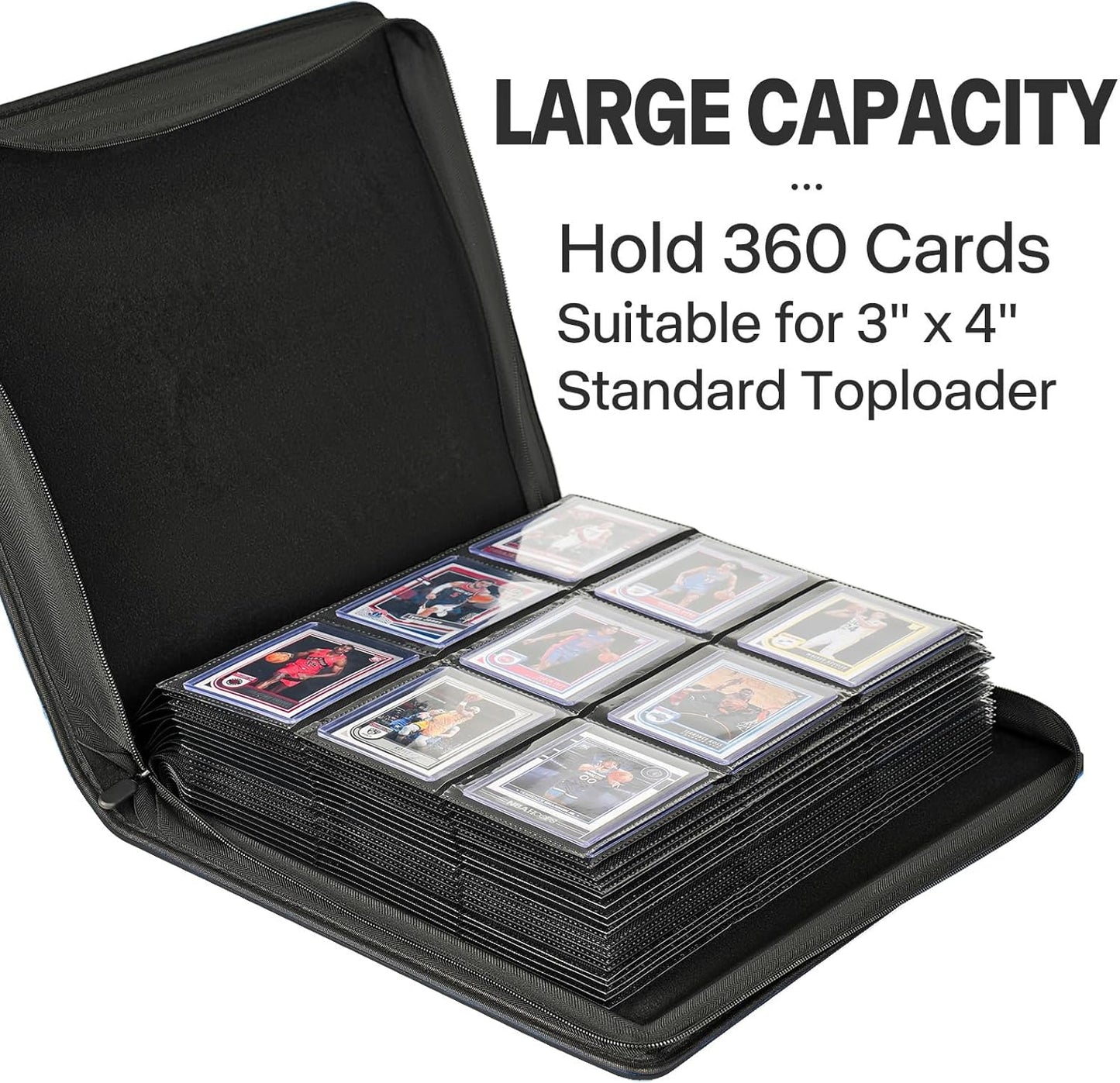 9 Pocket TopLoader Binder, Holds 360 3”x4” Toploader Hard Cases, Sleeves Card Collection Binder, 20 Double Sided Pages, Compatible with Trading & Sports Holder - Black