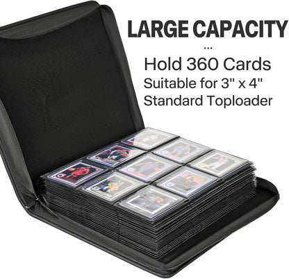 9 Pocket TopLoader Binder, Holds 360 3”x4” Toploader Hard Cases, Sleeves Card Collection Binder, 20 Double Sided Pages, Compatible with Trading & Sports Holder - Black