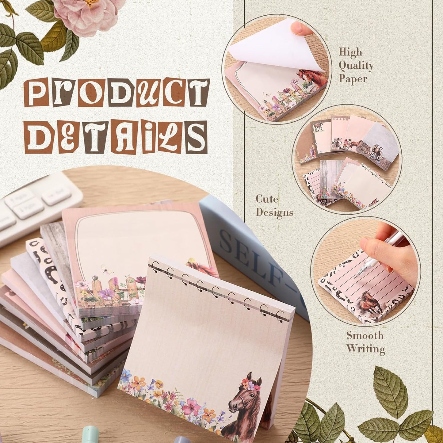 9 Pads Wildflower Sticky Notes 3x3 Inch Cute Self Stick Notepads Notes Adhesive Memo Pad Office Decor Gifts for Students School Teacher Meeting Office Supplies