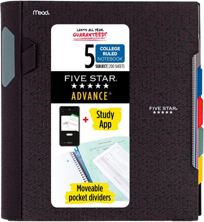 Five Star Advance Spiral Notebook + Study App, 5 Subject, College Ruled Paper, 8-1/2" x 11", 200 Sheets, Spiral Guard, Movable Tabbed Dividers, Black (73144)