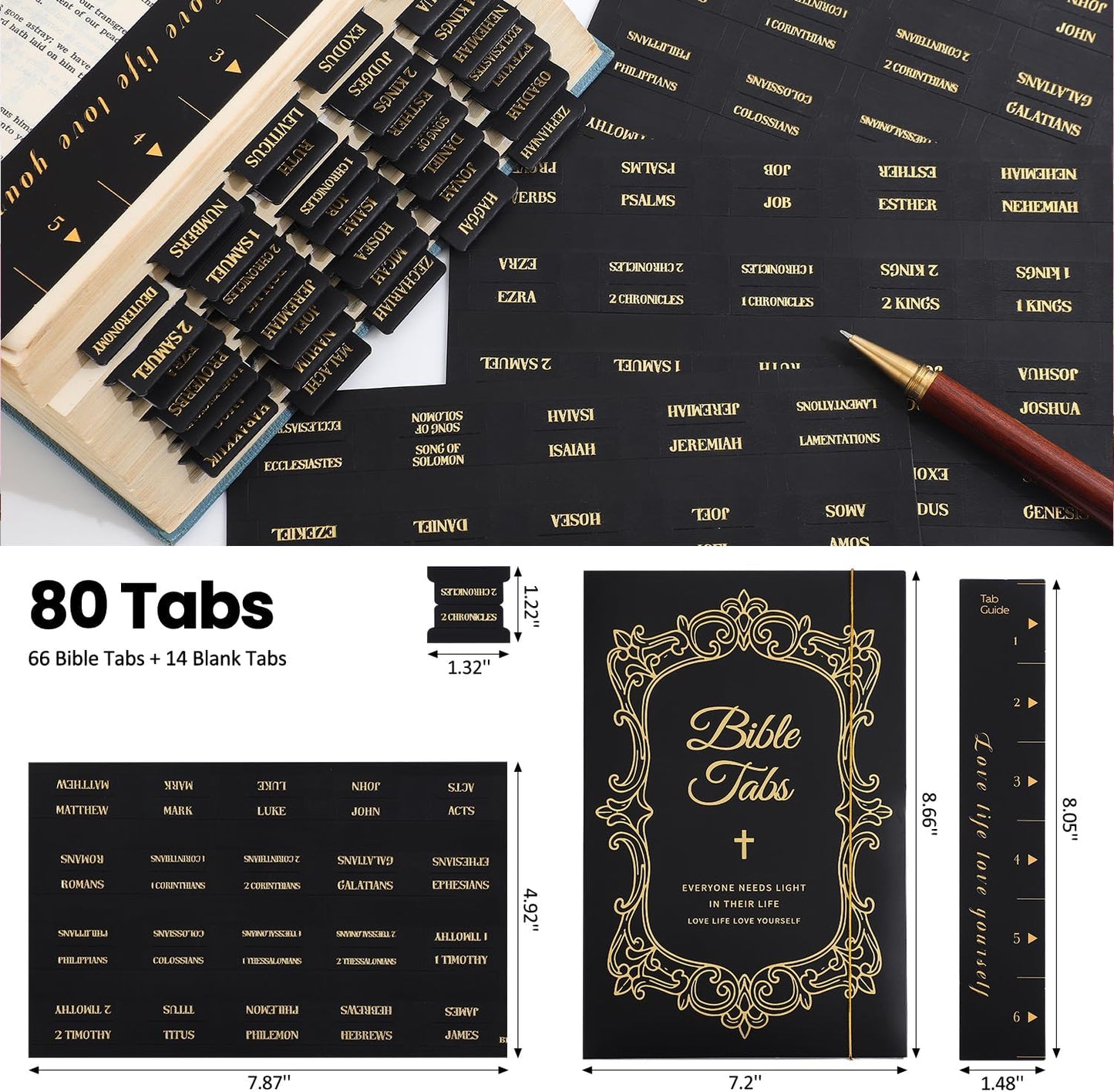 Laminated Bible Tabs, Gold Foil Embossed Lettering Bible Chapter Index Tabs for Women Men, Reposition Large Print Sticky Labels, Easy to Read and Apply, 105Chapters Labels for Easy Navigation (Black)