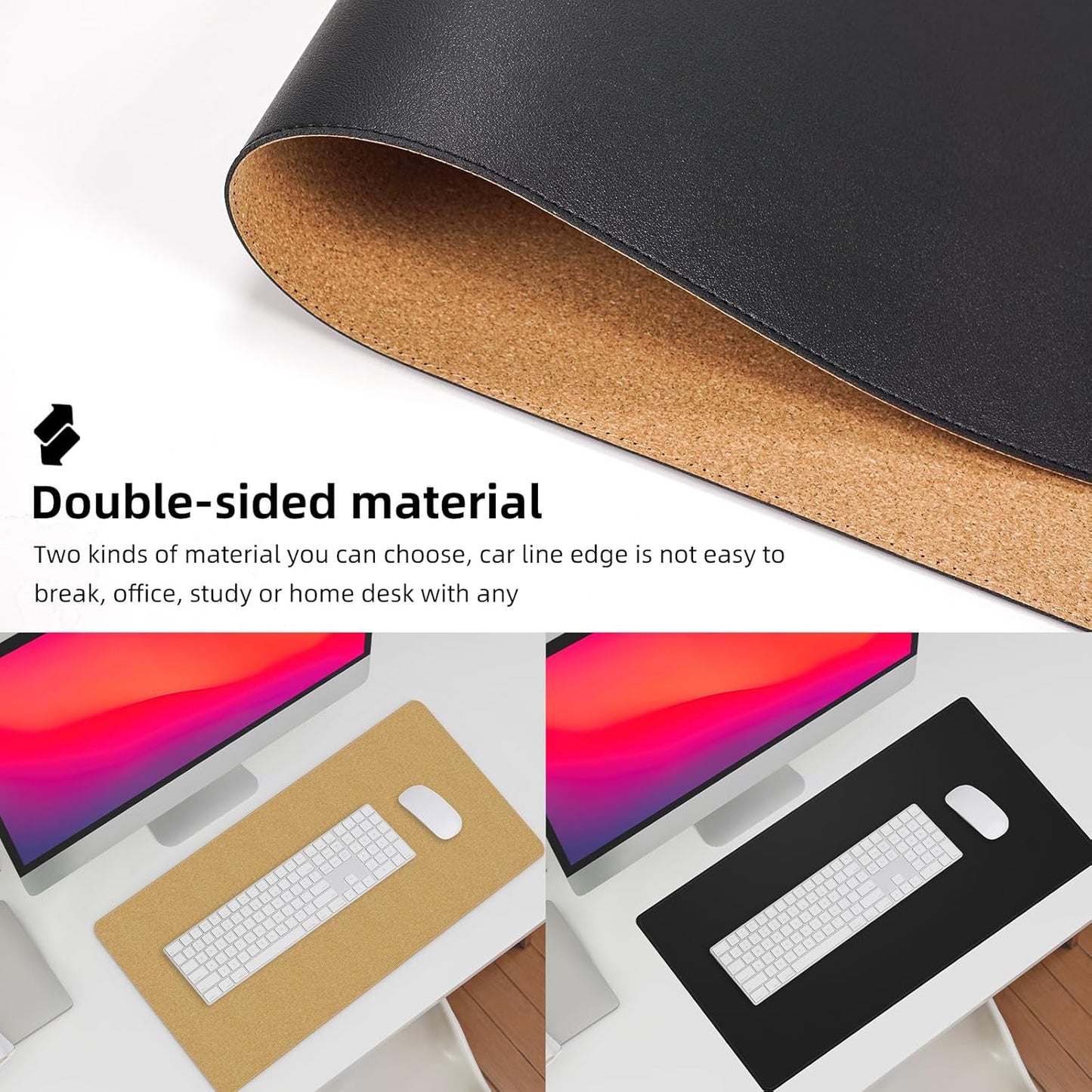 Large Desk Mat 47.2" x 17" Leather Desk Pad Protector with Natural Cork & PU Leather, Non-Slip Office Desk Mat, Large Mouse Pad, Waterproof Desk Blotter pad for Office&Home(Black)