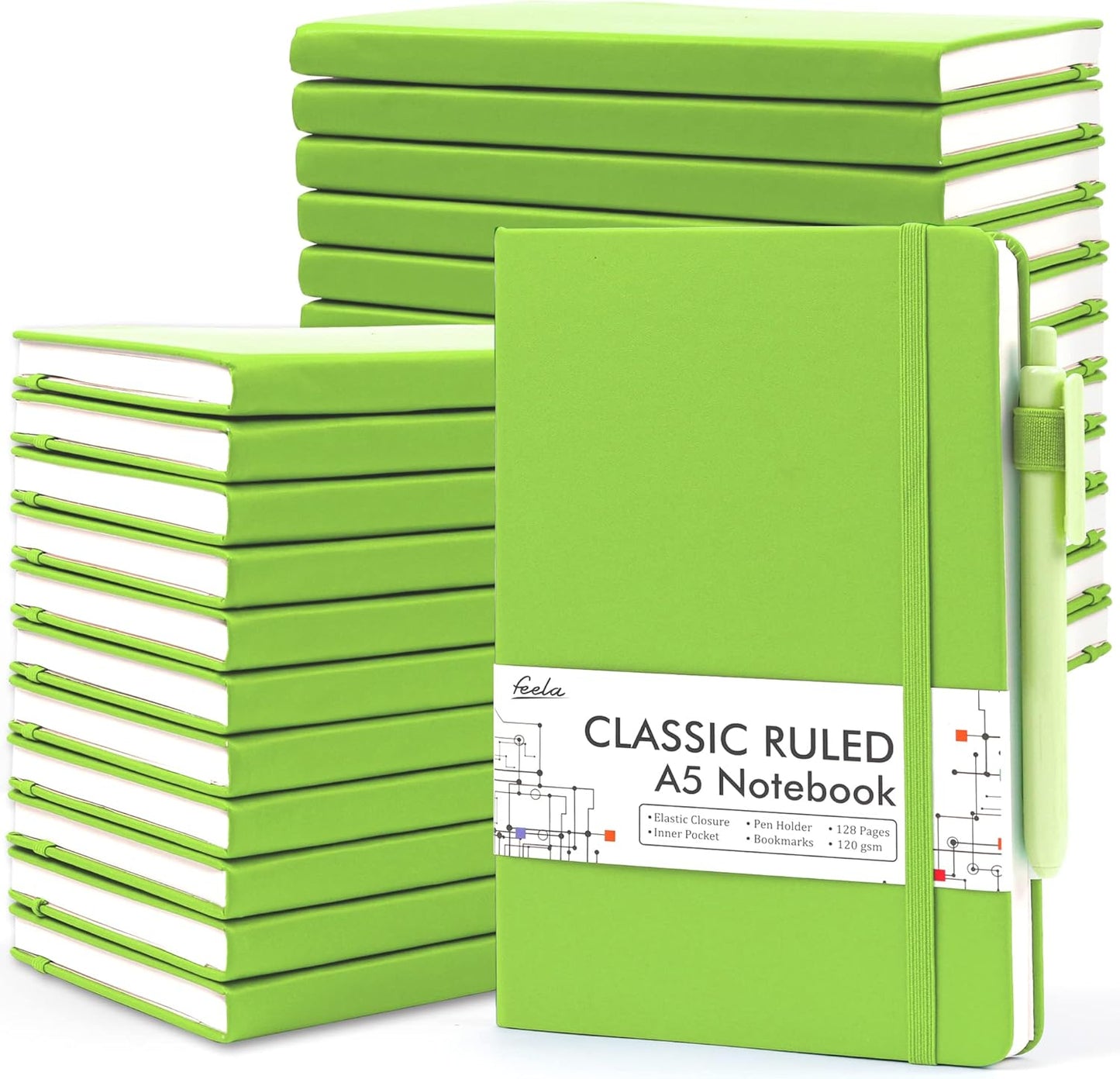 feela College Ruled Notebooks, 24 Pack Business Notebook Hardcover Lined Writing Journal with Pen Holder for Men Women Note Taking, with 24 Black Pens, 120 GSM, 5.1”x8.3”, A5, White