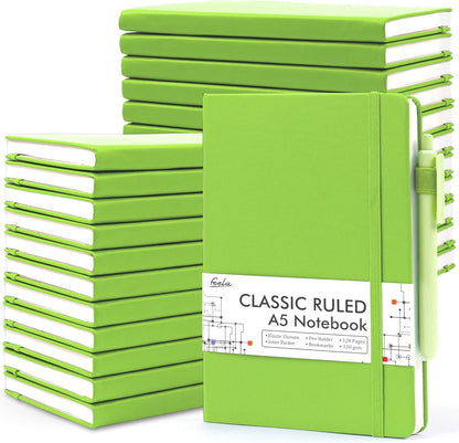 feela College Ruled Notebooks, 24 Pack Business Notebook Hardcover Lined Writing Journal with Pen Holder for Men Women Note Taking, with 24 Black Pens, 120 GSM, 5.1”x8.3”, A5, White