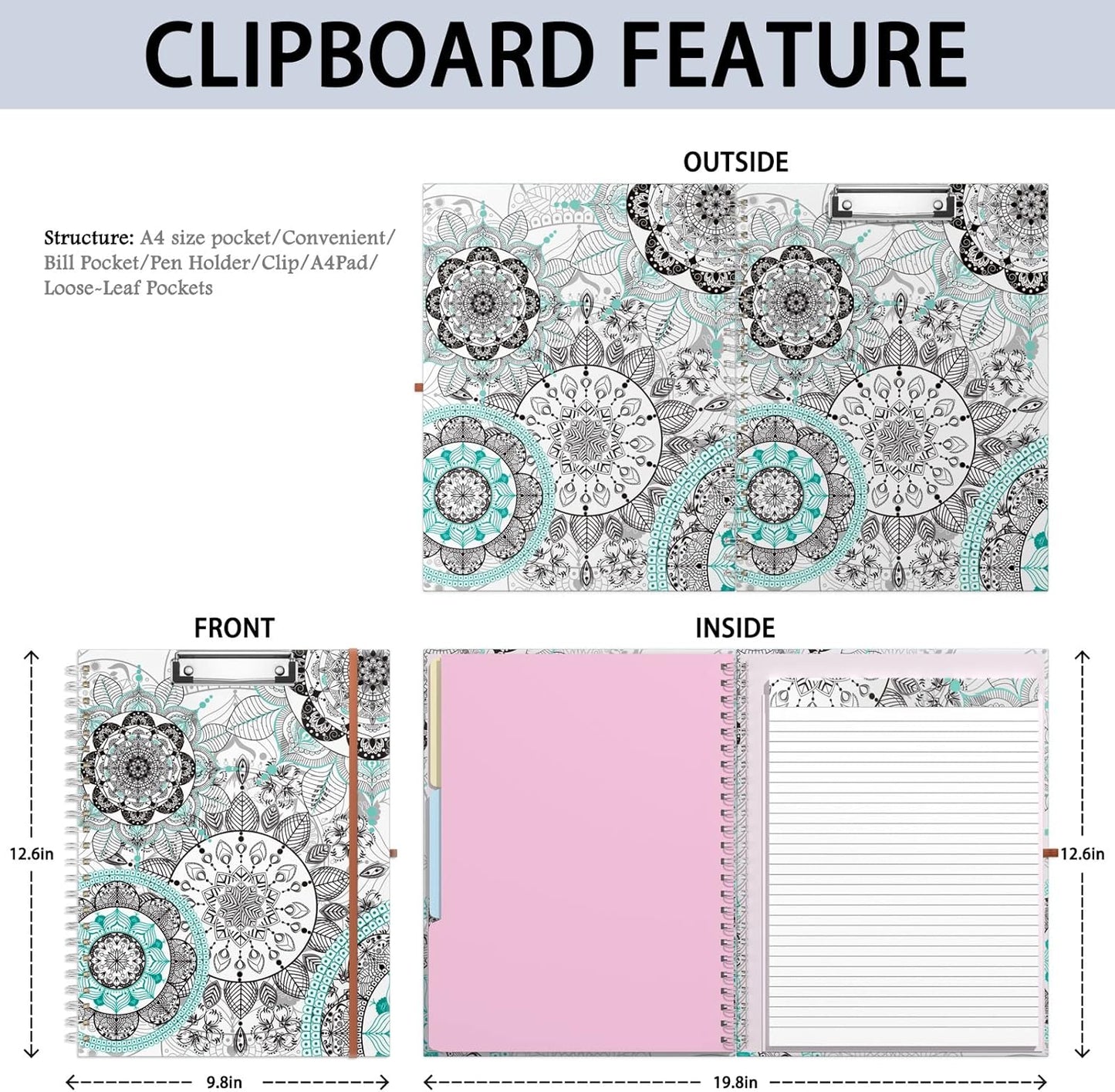 Rimilak Spiral Clipboards Folio with Refillable Lined Notepad, 14.5 x 9.8 In, Hardcover Cover with 5 Interior Pockets, Elastic Band and Pen Loop Series. Cute Stylish Clipfolio, Daisy Flower