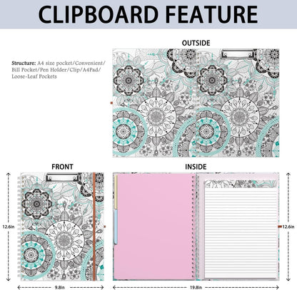 Rimilak Spiral Clipboards Folio with Refillable Lined Notepad, 14.5 x 9.8 In, Hardcover Cover with 5 Interior Pockets, Elastic Band and Pen Loop Series. Cute Stylish Clipfolio, Daisy Flower