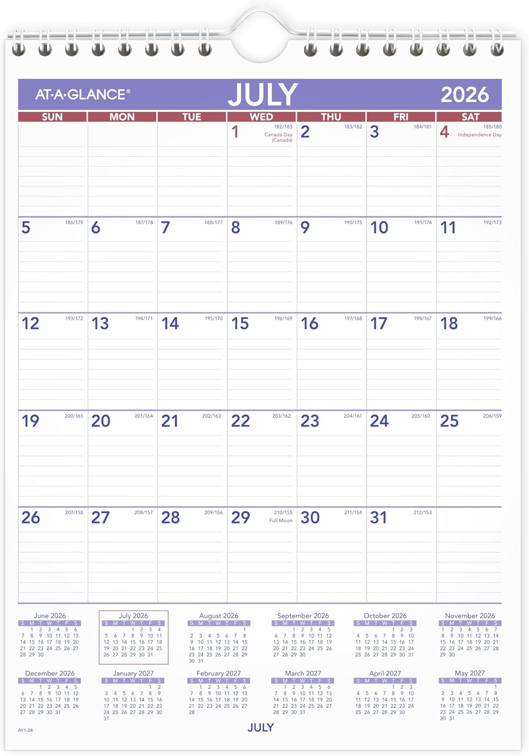 AT-A-GLANCE Wall Calendar 2026-2027 Planner, Academic 12-Month July-June, Monthly, 15-1/2" x 22-3/4", Ruled Daily Blocks (AY328)