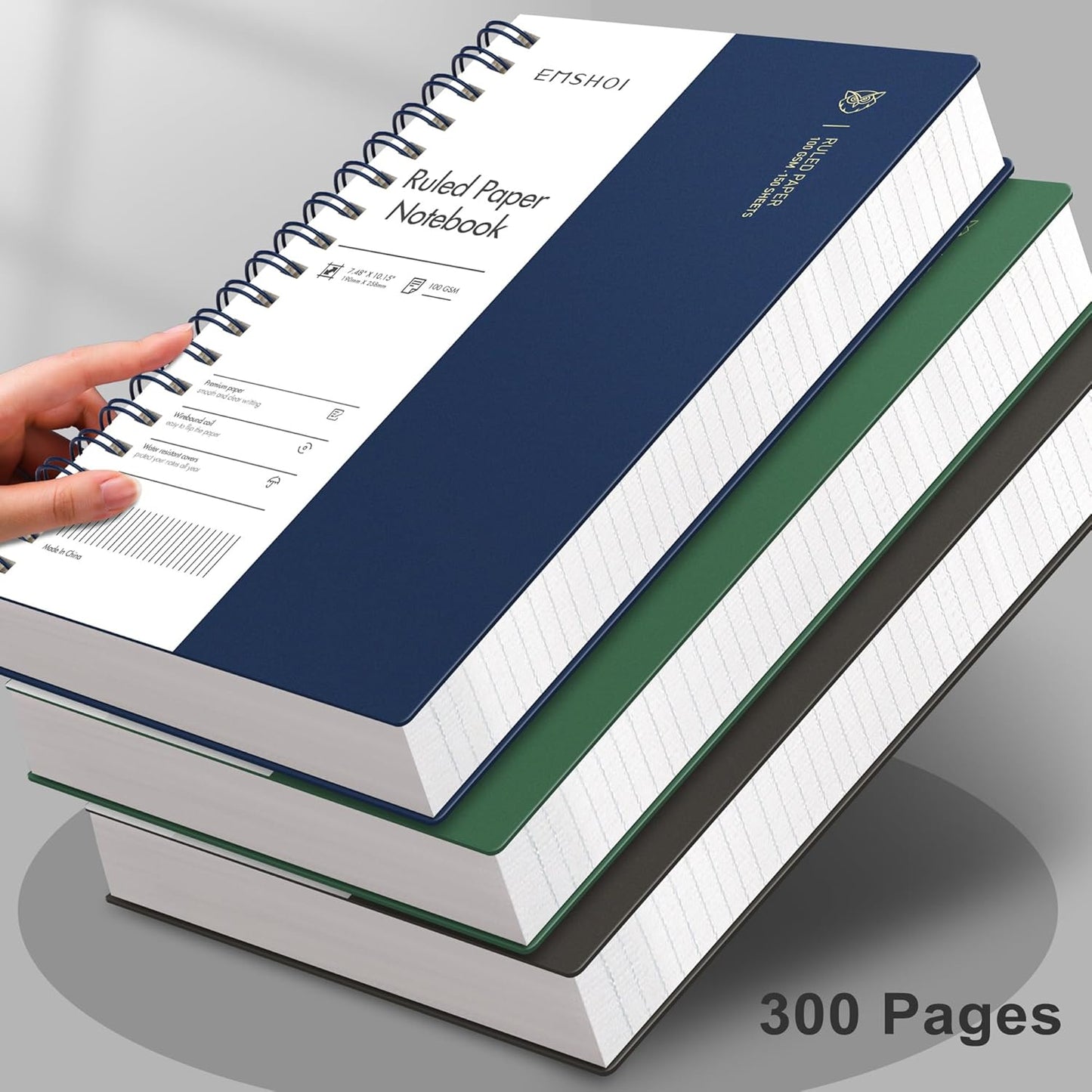 EMSHOI A5 Spiral Notebook College Ruled Lined Journal, Small 5.7" X 8.22", 300 Pages/150 Sheets, 100gsm Thick Paper, Waterproof Hardcover, for Office School Women Men Work Writing Notes, Blue