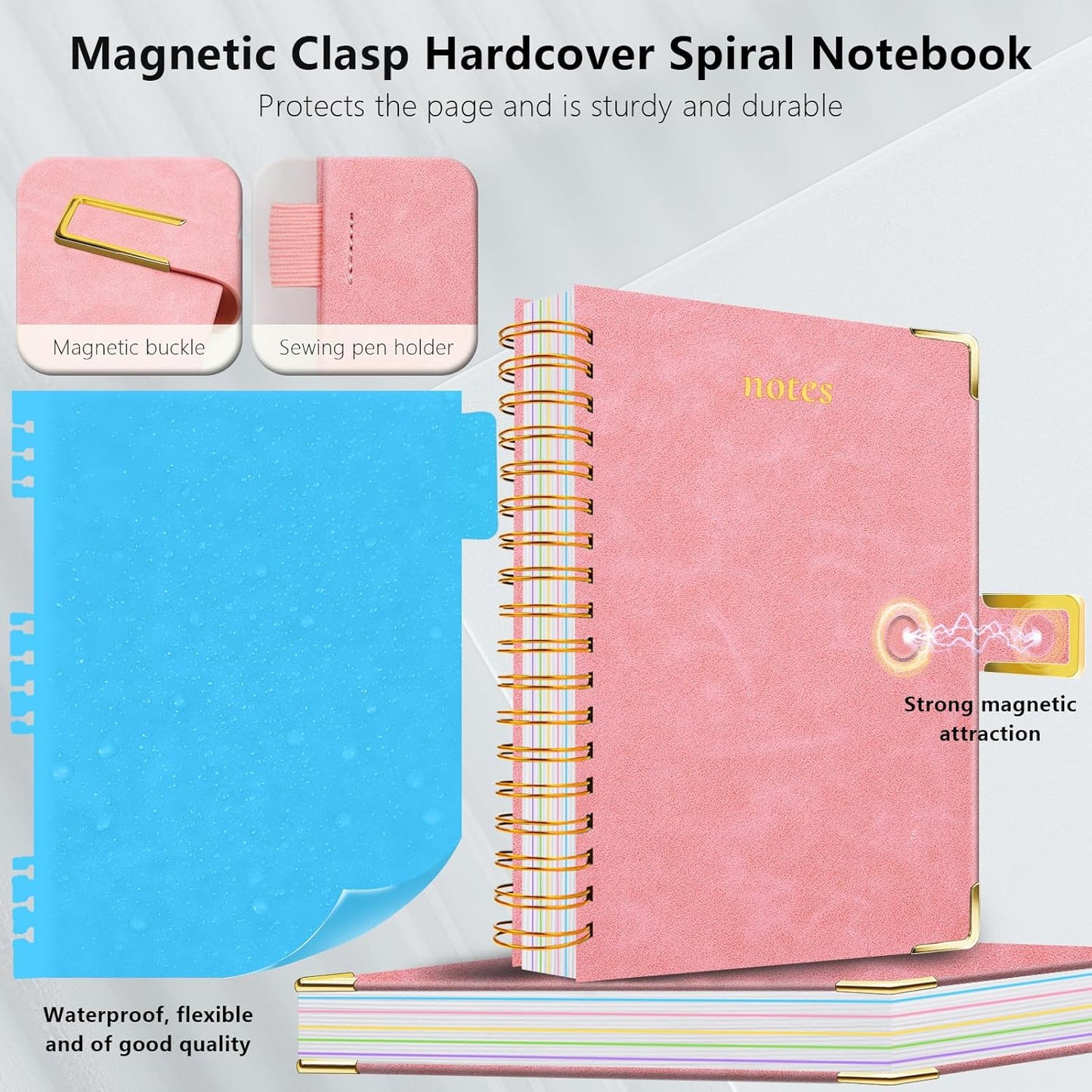 Hardcover Spiral Notebook College Ruled, 8"x10" Leather Journal Notebook with Magnetic Closure, 300 Pages 5 Subject Notebook with Dividers Tabs Journal for Women Men, Work, School(Rose Red)