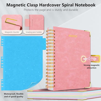 Hardcover Spiral Notebook College Ruled, 8"x10" Leather Journal Notebook with Magnetic Closure, 300 Pages 5 Subject Notebook with Dividers Tabs Journal for Women Men, Work, School(Rose Red)
