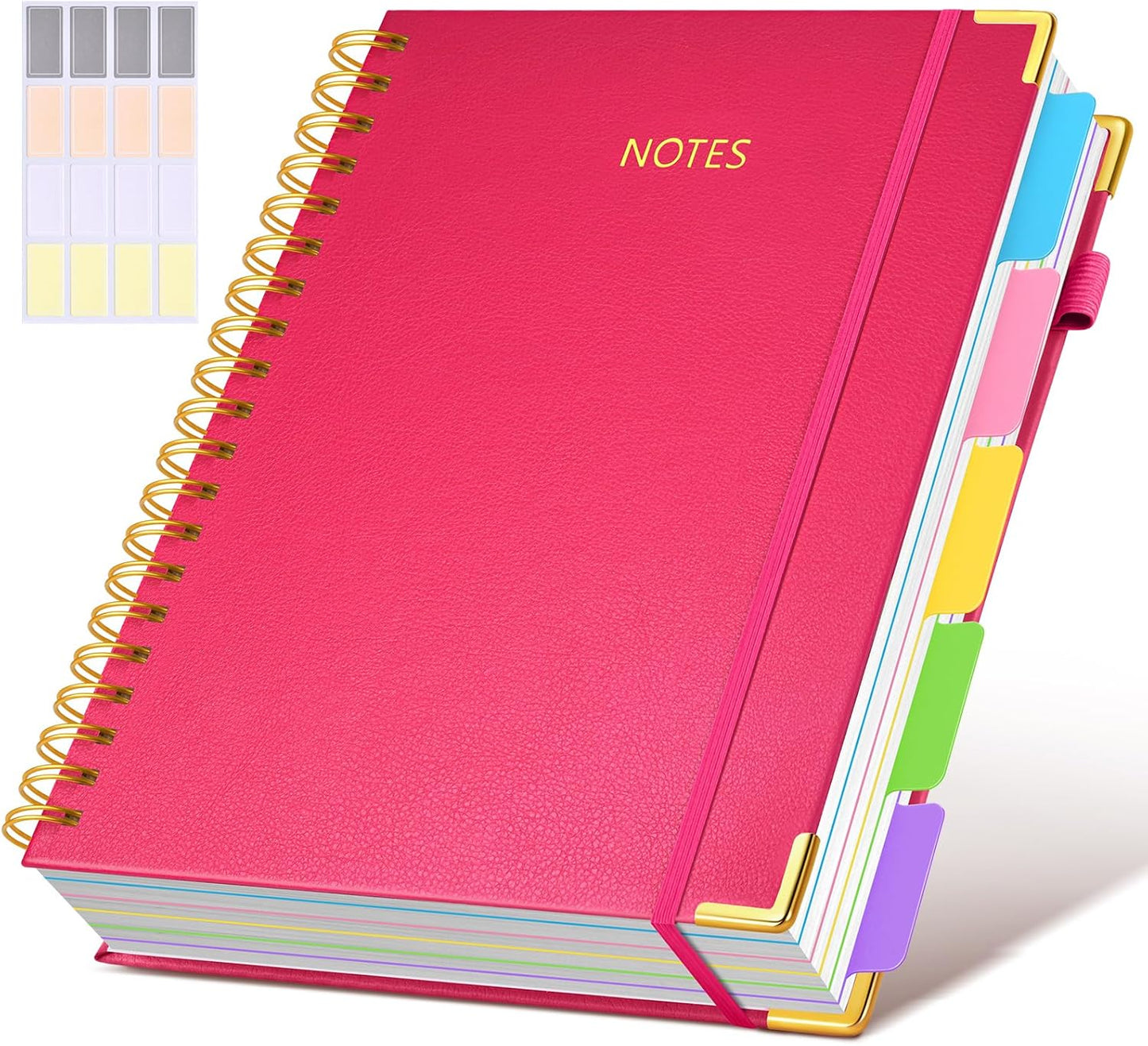 Hardcover Spiral Notebook Journal with Removable Dividers Tabs, 300 Pages Leather 5 Subject Notebook College Ruled, 8"x10" Large B5 Notebooks for Work School Note taking, Lined Journal for Women, Pink