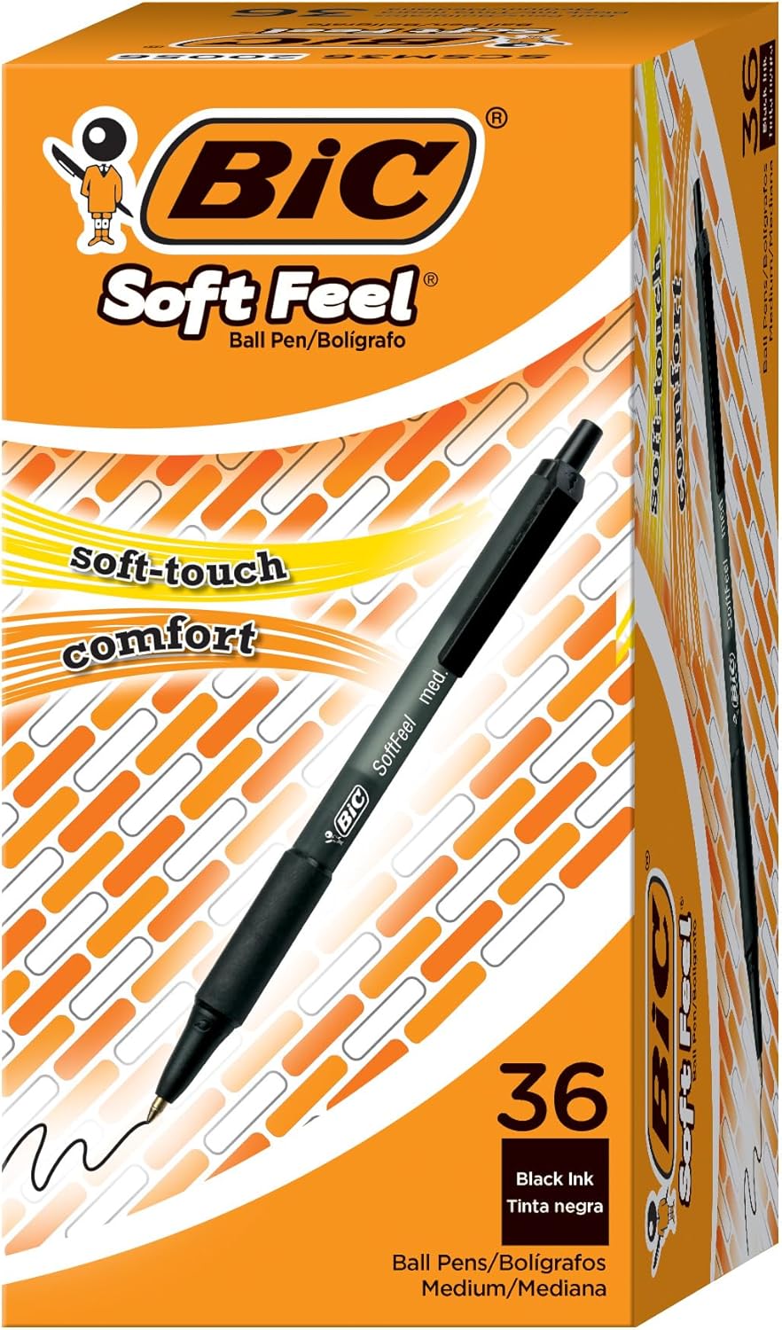 BIC Soft Feel Retractable Ballpoint Pen with 1.0 mm Medium Point and No-Slip Grip, 36-Count in Assorted Ink