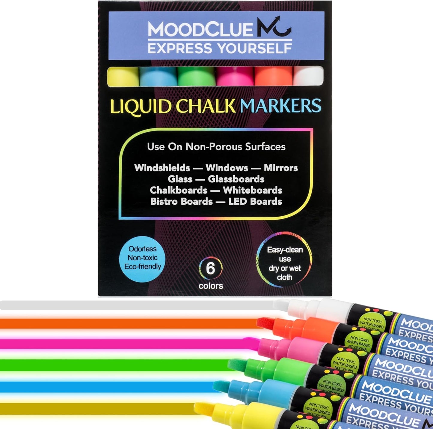 MoodClue Liquid chalk markers 12 neon erasable Whiteboards, glass boards, chalkboards, windows, mirrors, car windshields, auto, glass. Odorless, non-toxic. Wet or dry erase. Thick and thin tip