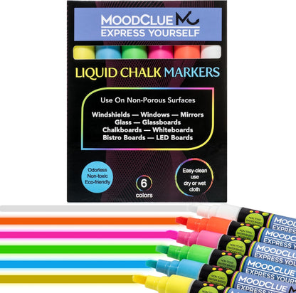 MoodClue Liquid chalk markers 12 neon erasable Whiteboards, glass boards, chalkboards, windows, mirrors, car windshields, auto, glass. Odorless, non-toxic. Wet or dry erase. Thick and thin tip
