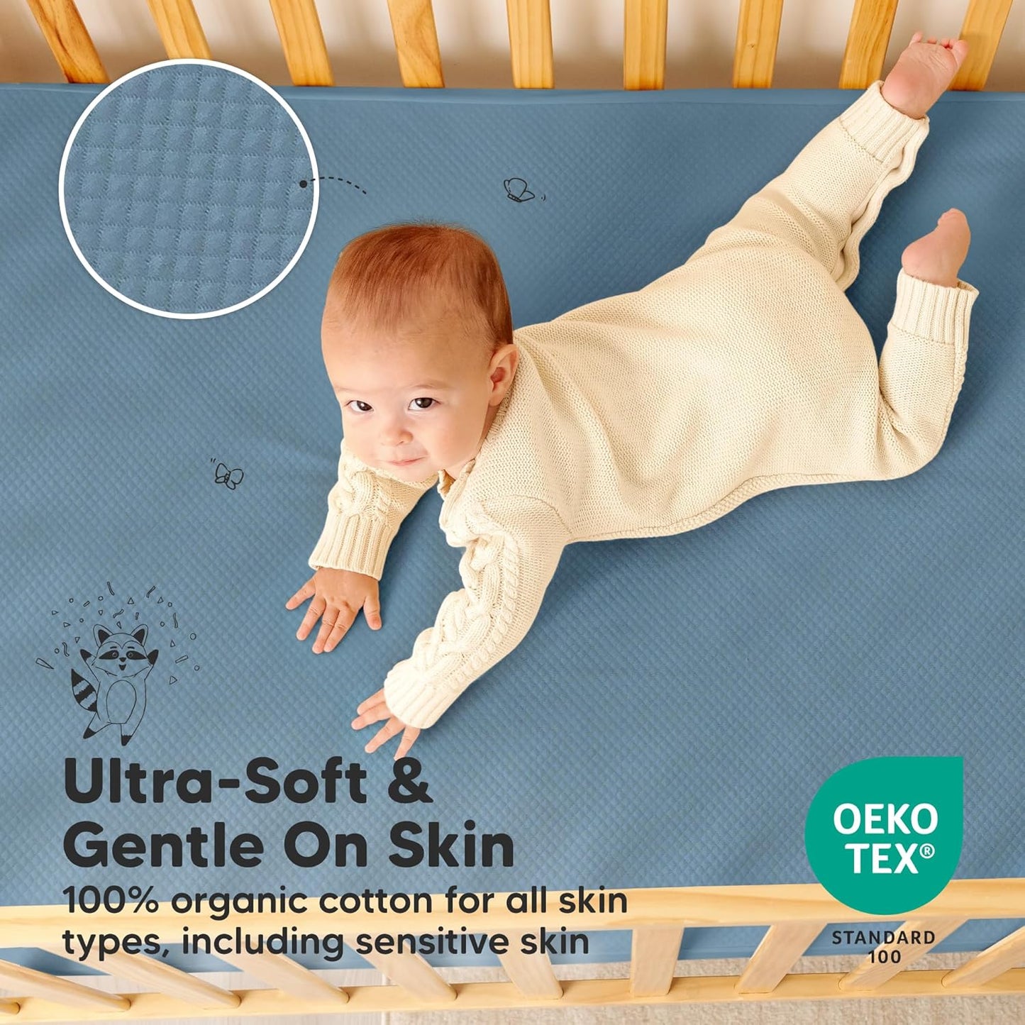 2-Pack Waterproof Crib Mattress Protector Cover Fitted - Quiet Baby Crib Mattress Pad Sheets, 52" x 28" Soft Quilted Cotton Baby Sheet, Machine Washable, Easy Fit, Durable (Soft White/Mavy)