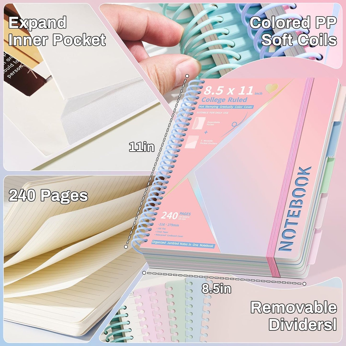 Hardcover Spiral Notebooks 8.5" X 11" Note Taking 5 Subject Notebook College Ruled with Dividers 240 Pages 100GSM Aesthetic Spiral Notebook for Work School Cute Journals for Women Writing