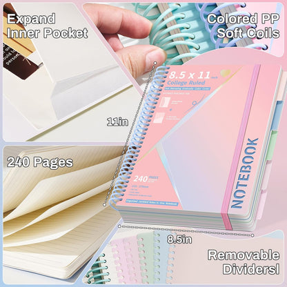 Hardcover Spiral Notebooks 8.5" X 11" Note Taking 5 Subject Notebook College Ruled with Dividers 240 Pages 100GSM Aesthetic Spiral Notebook for Work School Cute Journals for Women Writing