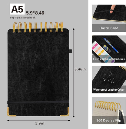 Top Spiral Notebook 8.5x11, A4 Large Leather Hardcover Top Bound Steno Pads, 240 Pages 100gsm Thick Lined Paper,Wide Ruled,Left Handed Notebook Journal for Work, School - Black
