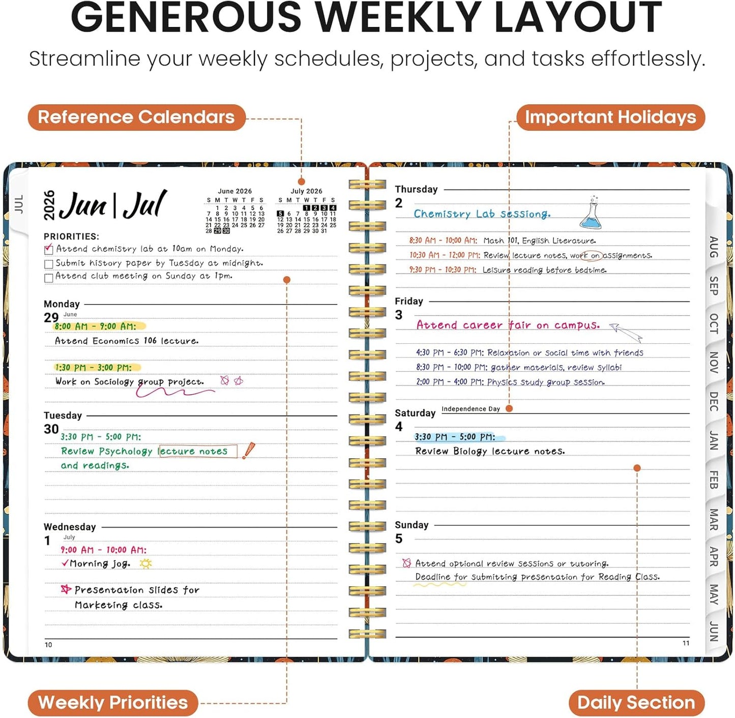 Planner 2026-2027, Academic Year Monthly and Weekly Calendar Planner, Jul 2026 - Jun 2027, Hardcover Teacher Student Planning Agenda book with Tabs, Perfect for School Office Supplies, 6.3" x 8.5" - Wildflowers