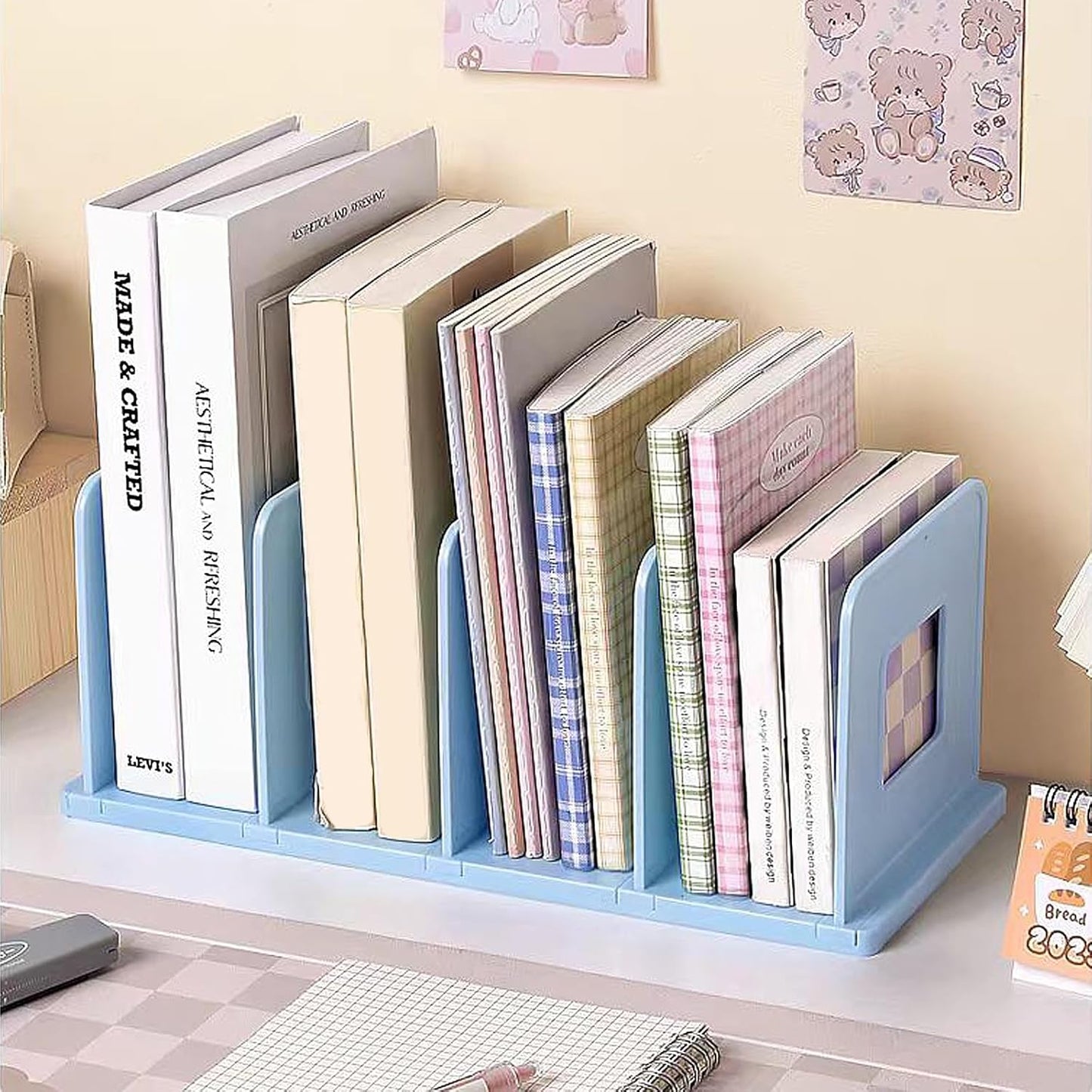 SAYEEC Desk File Sorter Vertical Desktop File Folder Organizer 4 Section Plastic Book Holder Adjustable Shelf Dividers Closet Purse Handbag Mail Binder Organizer Magazine Rack Stand Bookshelf (Pink)