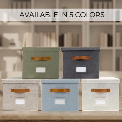 ZICOTO Decorative File Organizer Box Set of 2 - Collapsible Linen Filing Cabinets with Handles Are Perfect to Store All Your Documents & Hanging File Folders - Portable Easy Slide Crates with Lid