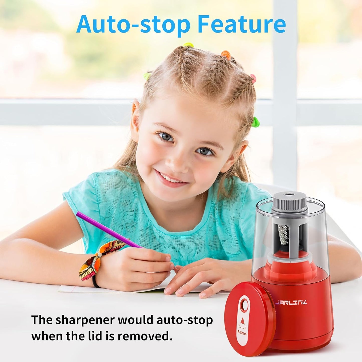 JARLINK Electric Pencil Sharpener, Heavy-Duty Helical Blade to Fast Sharpen, Auto Stop for No.2/Colored Pencils(6-8mm), AC Adapter/Battery Operated in School Classroom/Office/Home (Black)