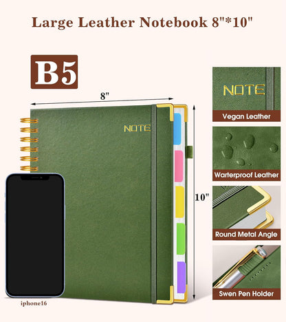 Hardcover Large Spiral Notebook 8.5" x 11" with Removable Dividers Tabs, 300 pages Leather 5 Subject Notebook College Ruled, A4 Journal for Women Men, Notebooks for Work School Note taking,Black