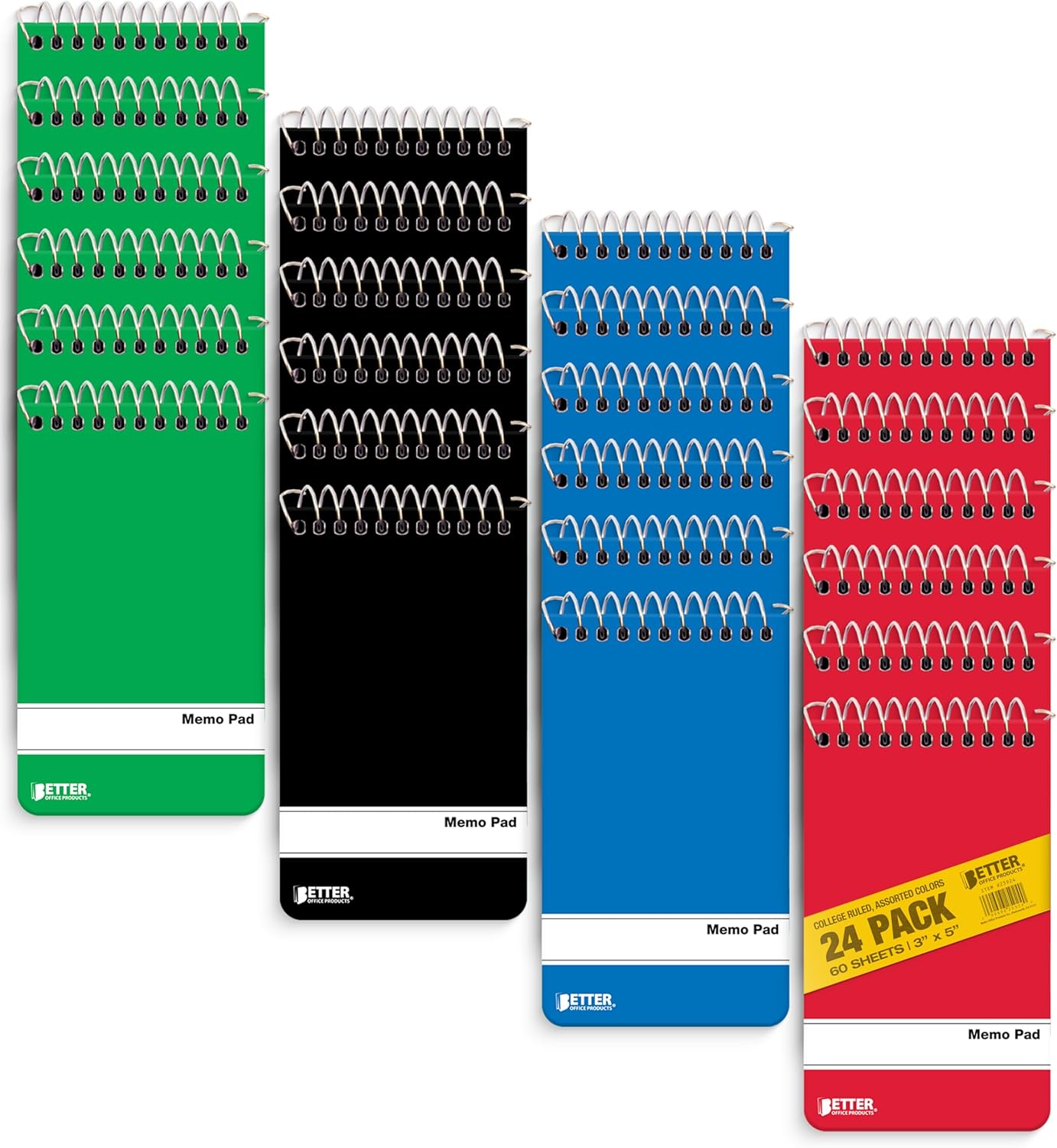Spiral Memo Pads, 24 Pack, 3 x 5 inches, 60 Sheets, College Rule, by Better Office Products, Assorted Solid Colors, 24 Pack