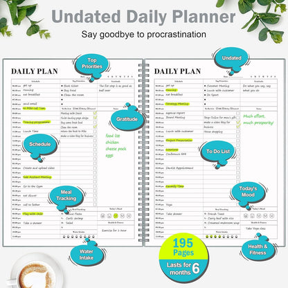 Daily Planner Undated, Asten To Do List Notebook Hourly Schedules Spiral Appointment Planner for Men and Women,PVC Hardcover,Elastic Closure, Inner Pocket 8.3" x 5.8" (Black)