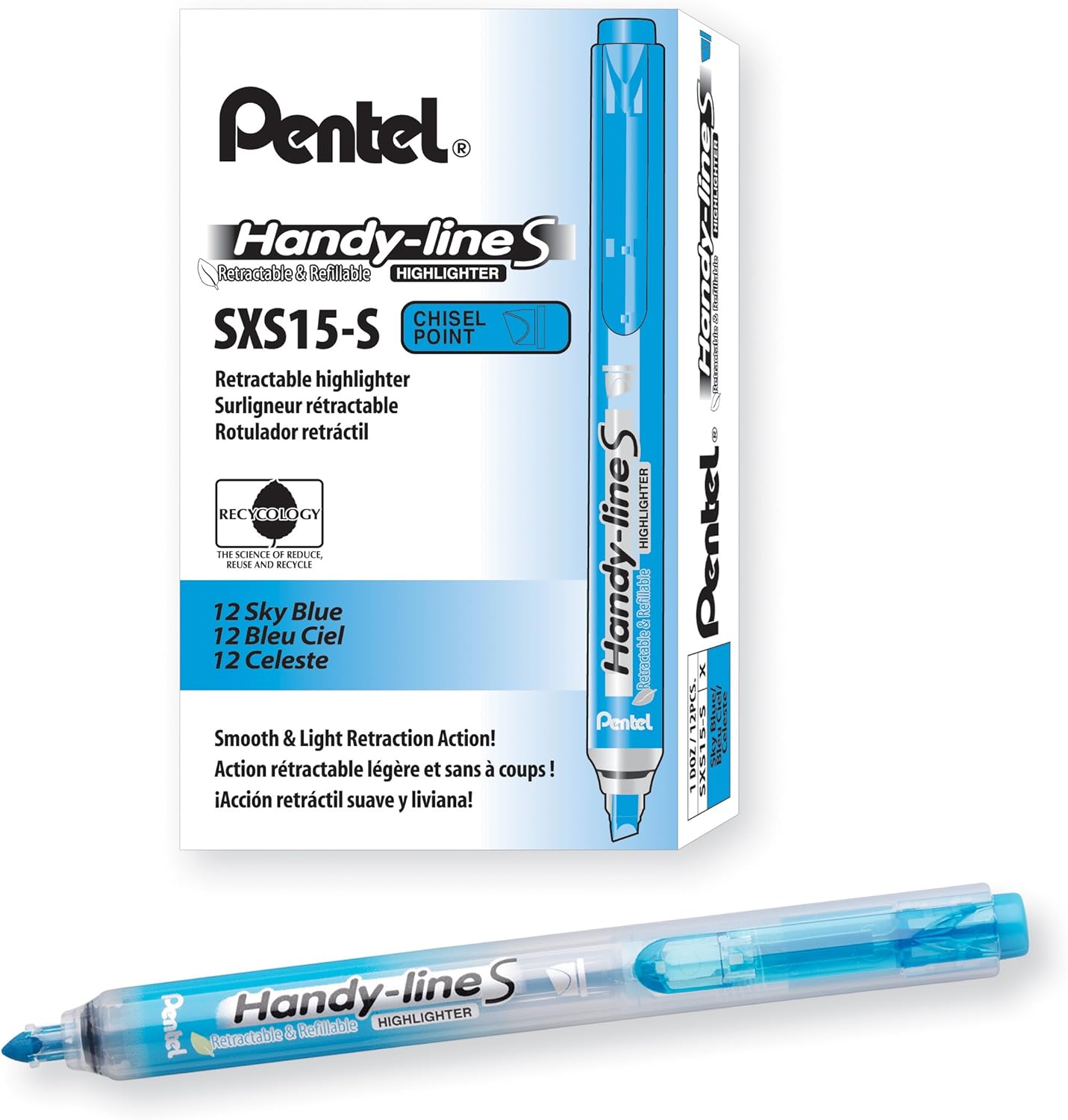 Pentel Handy-Line S Retractable and Refillable Chisel Tip Highlighter, Sky Blue Ink, Box of 12 (SXS15-S)