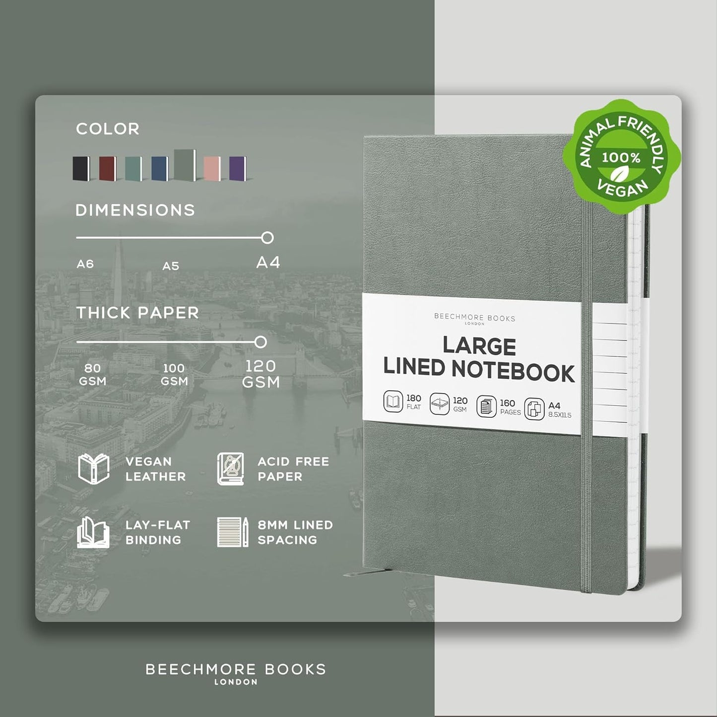 BEECHMORE BOOKS Large Lined Journal Notebook, 8.5" x 11.5" (A4) Hardcover Vegan Leather Executive Diary for Work, Thick 120gsm Paper, Lay-Flat Binding, Gift Box