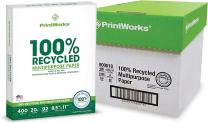 PrintWorks 100% Recycled Printer Paper 8.5" x 11" White - 20 lb Copy & Multipurpose Computer Paper - 3 Packs, 1200 Sheets - Made in the USA - 92 Bright - Printer & Copier Compatible (00018-3)