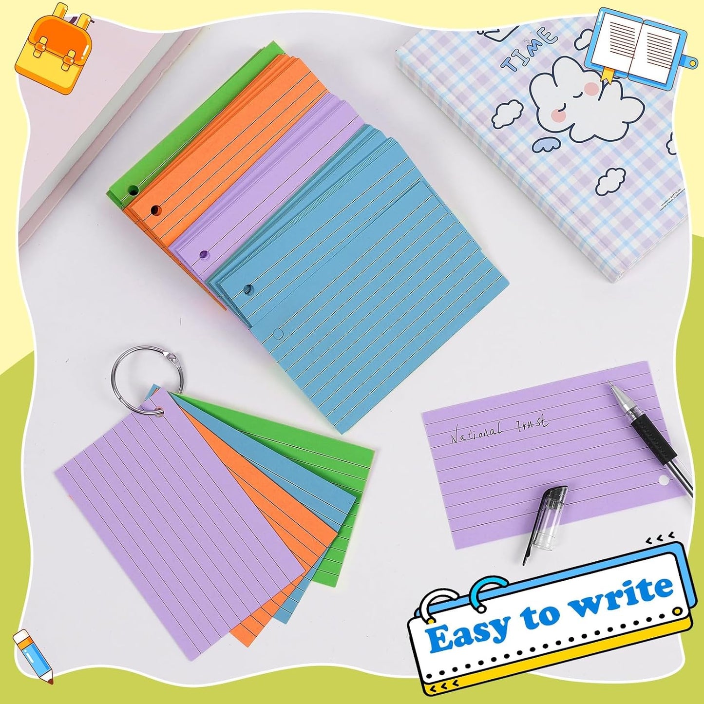 Colored Index Cards 3x5 Inch Heavyweight Flash Cards with Ring Lined Flashcards Note Cards for Studying School Supplies College, 200 Count