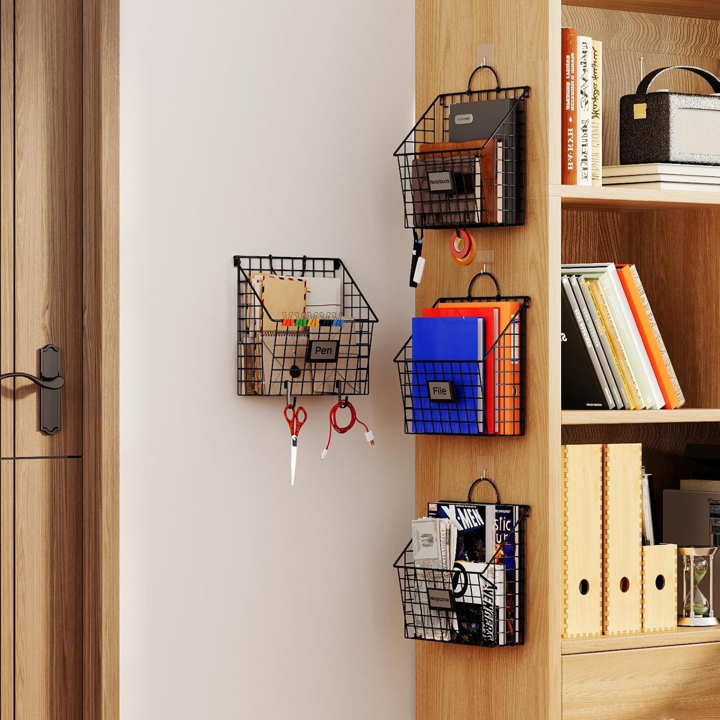 Yuzehuaza Hanging Wall File Organizer Metal Wall Mounted File Holder Folder with Handles and Hooks, Magazine Document Rack, for Home Office or Decor, 3 Packs (Patent Pending)