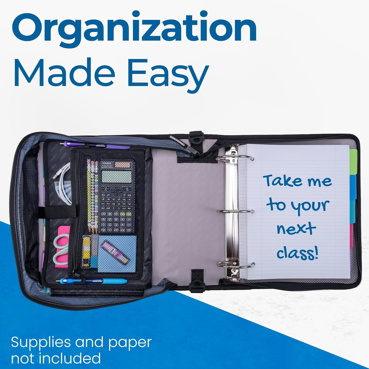 Case-it Mighty Zip Tab School Zipper Binder | 3-Inch O-Rings, 600-Sheet Capacity, 5-Subject Expanding File Folder, Multiple Pockets & Storage Organizer, Shoulder Strap | D-146 Jet Black