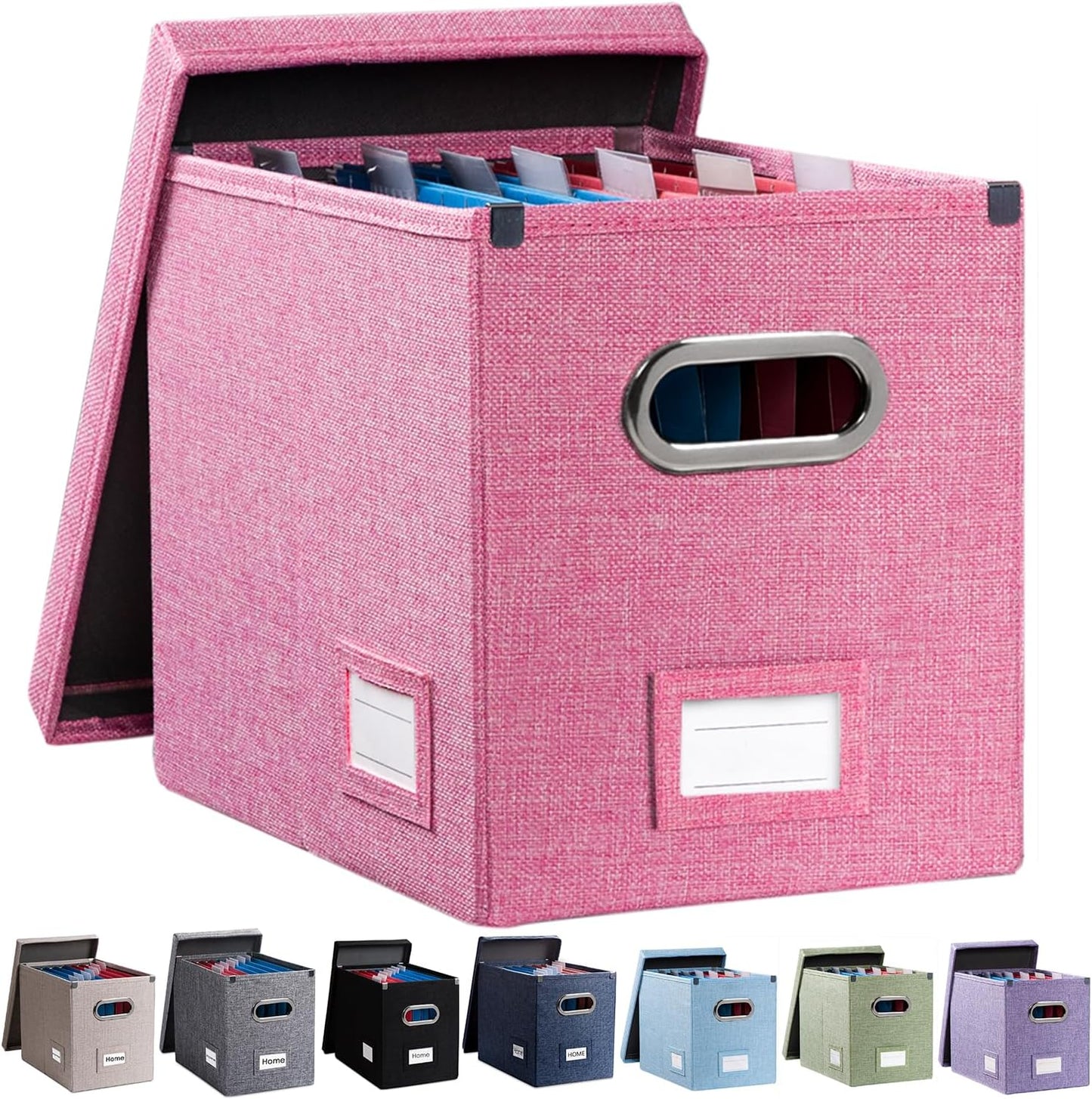 PRANDOM File Organizer Box - Collapsible Decorative Linen Filing Storage with Lids for Letter Size - Grey (14x9.3x10.8 inch)