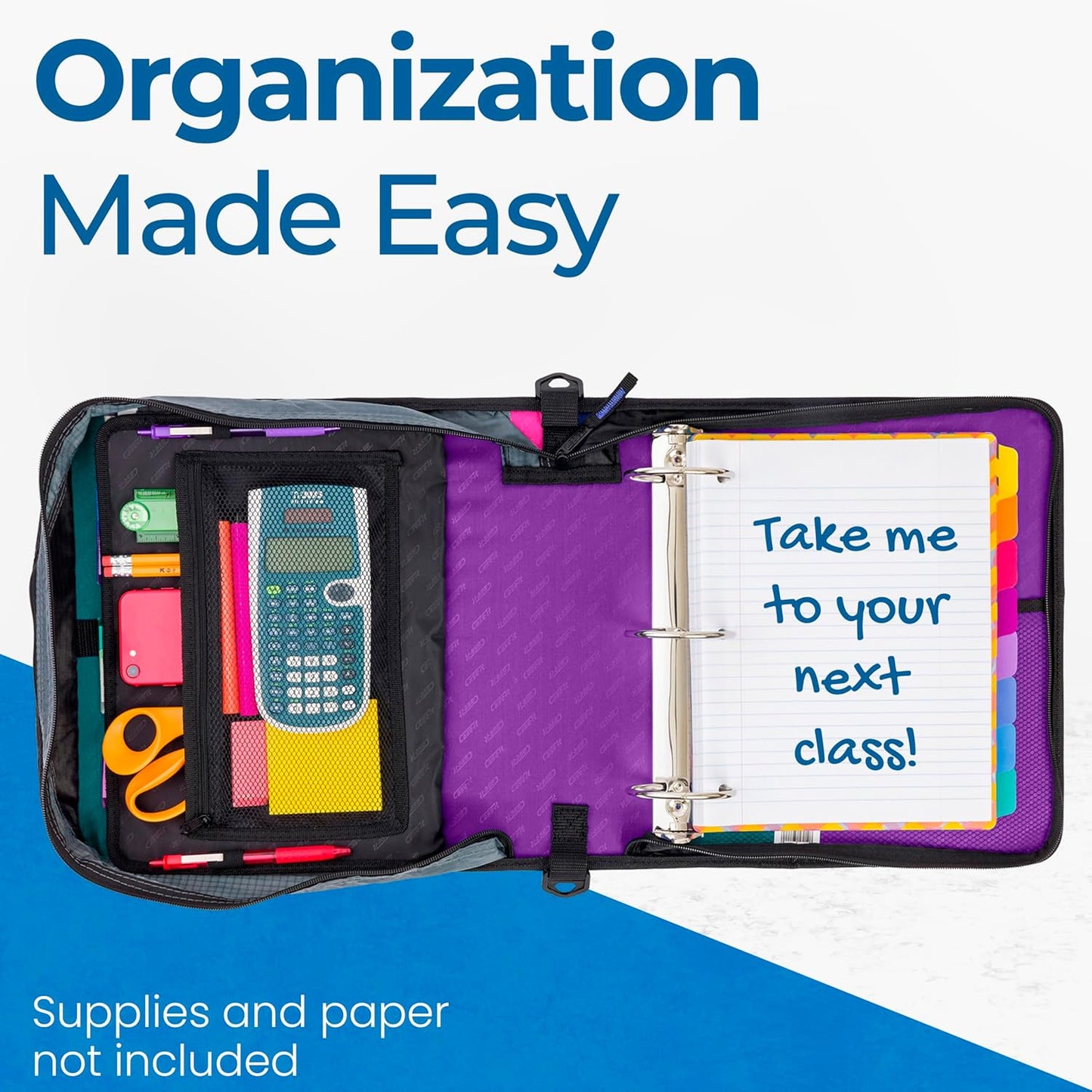 Case-it Mighty Zip Tab School Zipper Binder | 3-Inch O-Rings, 600-Sheet Capacity, 5-Subject Expanding File Folder, Multiple Pockets & Storage Organizer, Shoulder Strap | D-146 Jet Black