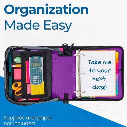 Case-it Mighty Zip Tab School Zipper Binder | 3-Inch O-Rings, 600-Sheet Capacity, 5-Subject Expanding File Folder, Multiple Pockets & Storage Organizer, Shoulder Strap | D-146 Jet Black