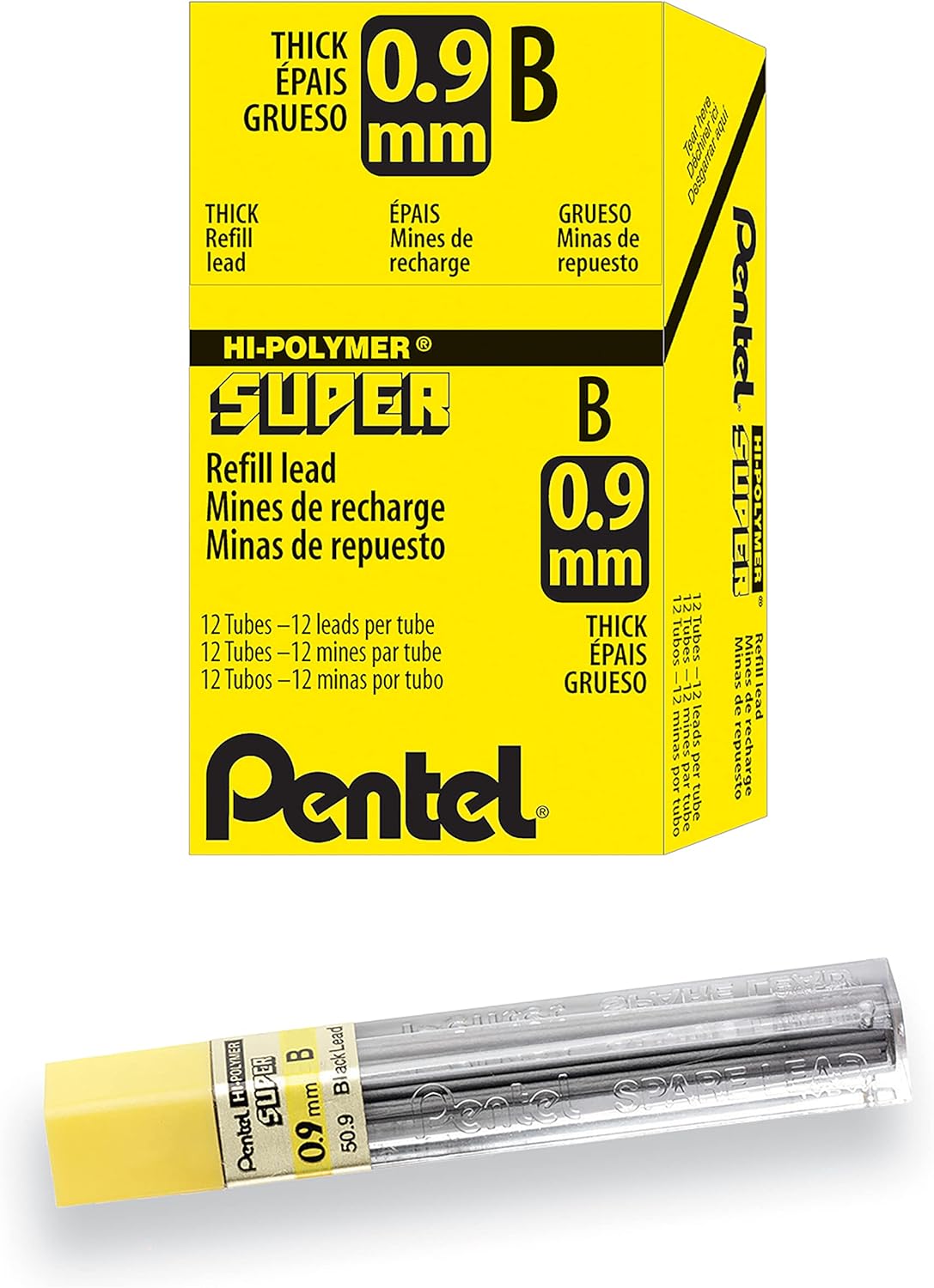 Pentel Super Hi-Polymer Lead Refill, (0.9mm) Thick, 2B, 180 Pieces of Lead, 12 Tubes of Lead (50-9-2B)